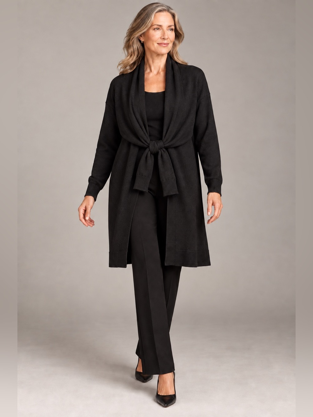 Per Se Black Tie-Front Long Cardigan (NWT) MSRP $445 Silk Blend